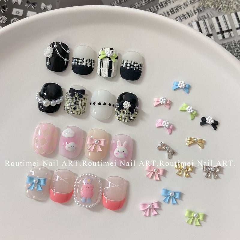 Nail Art Stickers Small Fragrant Style Black And White Plaid Bow Relief Adhesive Nail Decorations Cute Dopamine Simple - Image 3